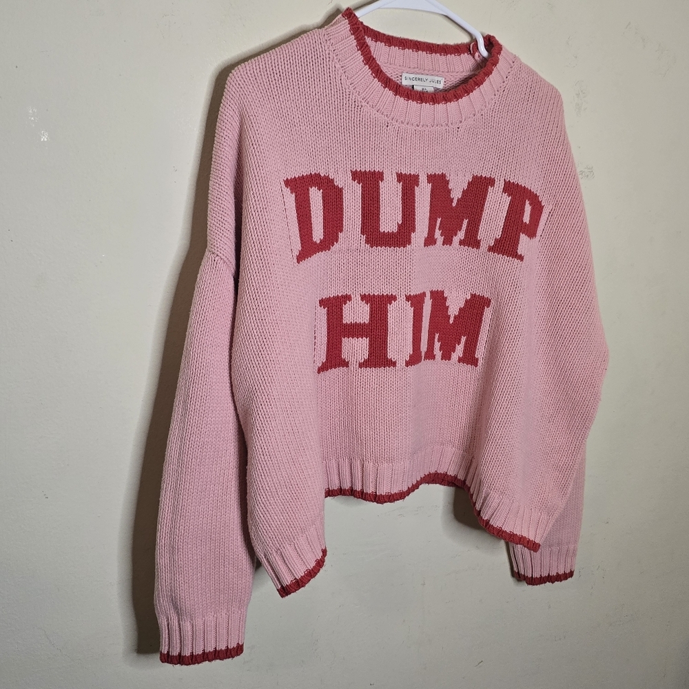 Sincerely Jules Dump Him Sweater L Pink Red Knit Cropped Preppy Girly - Picture 11 of 12